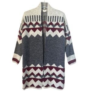 Debut Boho Southwestern Grey Burgundy Duster Cardigan Sweater Size S